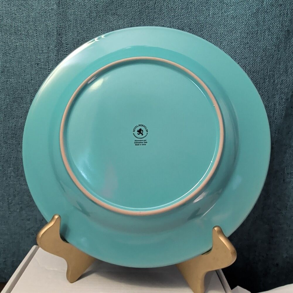 Set of 4 Royal Norfolk Dinner Plates Turquoise Teal Blue Scrolls Rim 10.5" - Picture 10 of 16
